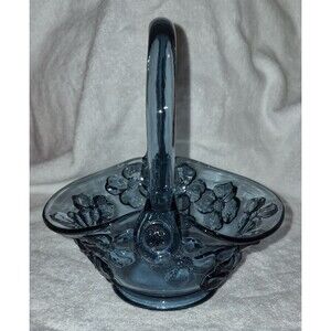 Vintage Tiara Indiana Glass Basket Blue Dogwood Flowers Stamped DB